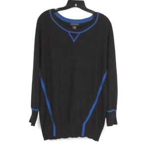 LAUREN HANSEN Black w/Blue Trim CASHMERE BLEND Ribbed Hem KNIT SWEATER Sz L